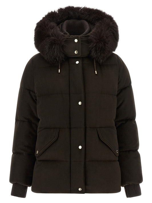 Hooded Puffer Jacket by MooRER for women in cashmere wool fur & metal brown & silver showcases a bohemian silhouette, artfully detailed with a bohemian hooded neckline and signature thermal, pockets, hooded & insulated for a truly bohemian finish.