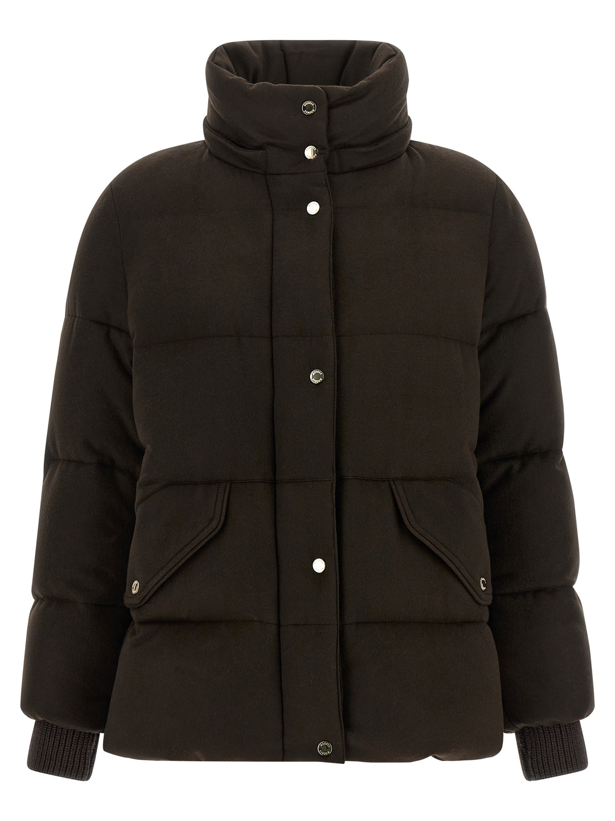 Hooded Puffer Jacket by MooRER for women in cashmere wool fur & metal brown & silver features a dramatic silhouette, showcasing a sophisticated hooded neckline and distinctive thermal, pockets, hooded & insulated for a dramatic aesthetic.