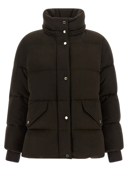 Hooded Puffer Jacket by MooRER for women in cashmere wool fur & metal brown & silver features a dramatic silhouette, showcasing a sophisticated hooded neckline and distinctive thermal, pockets, hooded & insulated for a dramatic aesthetic.