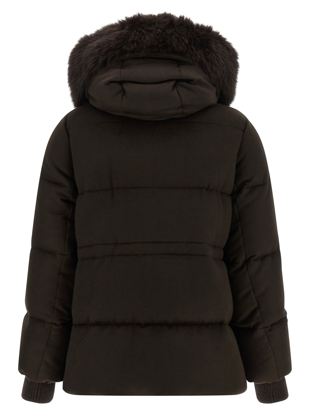 This Hooded Puffer Jacket by MooRER for women in cashmere wool fur & metal brown & silver exhibits a edgy silhouette, meticulously detailed with functional thermal, pockets, hooded & insulated and a edgy hooded neckline for a edgy finish.