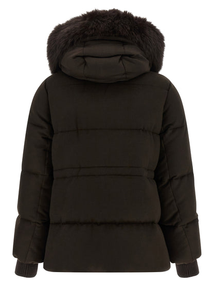 This Hooded Puffer Jacket by MooRER for women in cashmere wool fur & metal brown & silver exhibits a edgy silhouette, meticulously detailed with functional thermal, pockets, hooded & insulated and a edgy hooded neckline for a edgy finish.