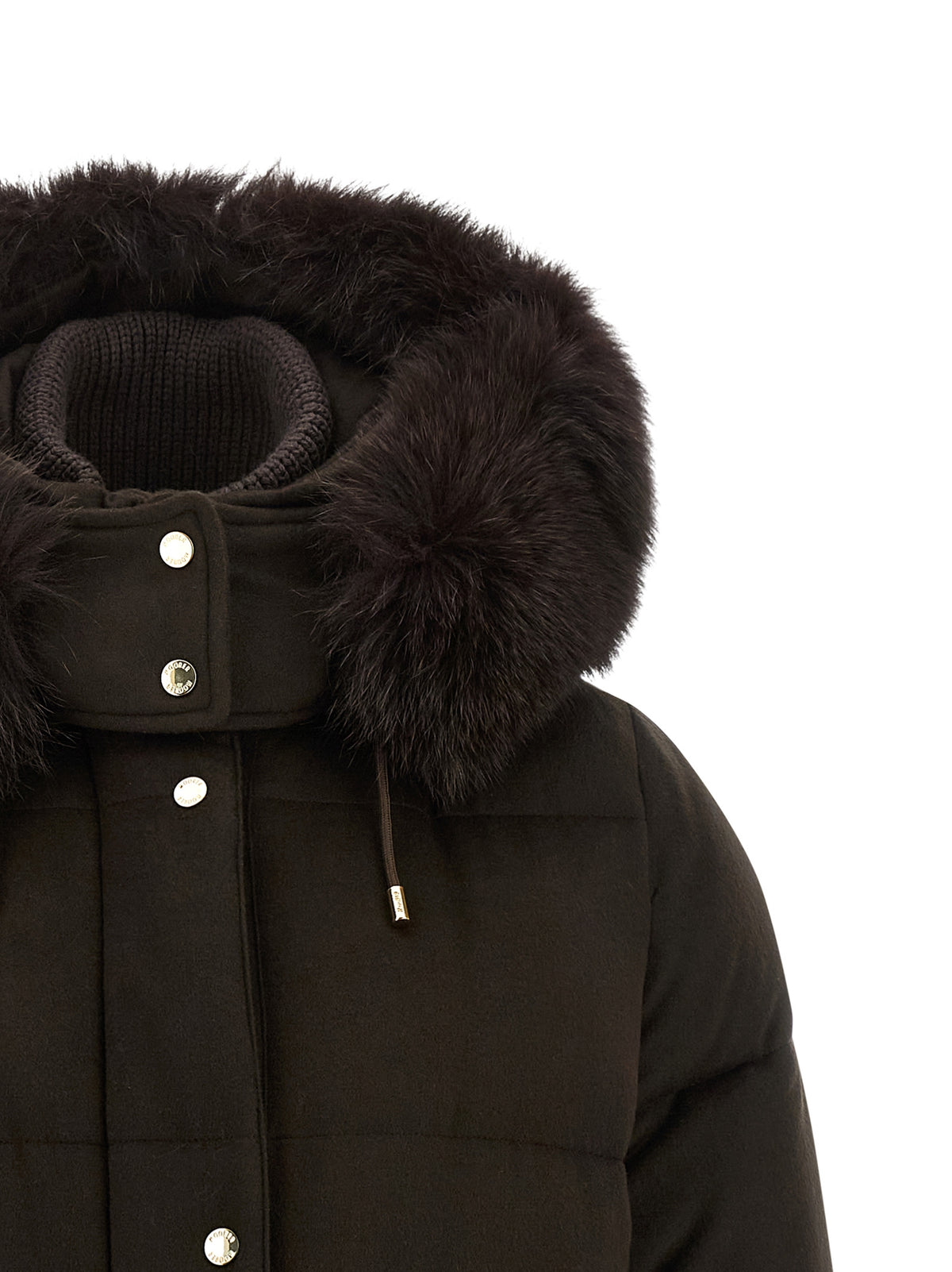 Hooded Puffer Jacket by MooRER for women in cashmere wool fur & metal brown & silver features an contemporary silhouette, showcasing a sophisticated hooded neckline and contemporary thermal, pockets, hooded & insulated for a truly refined look.