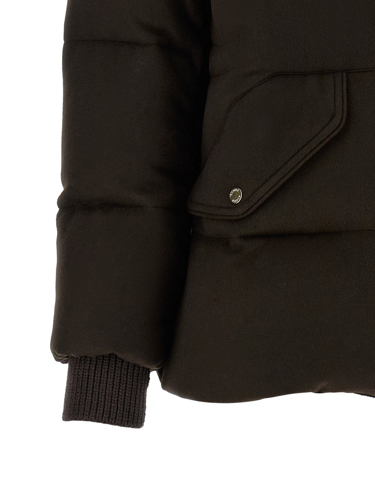 Hooded Puffer Jacket by MooRER for women in cashmere wool fur & metal brown & silver features a city-ready silhouette, detailed with thermal, pockets, hooded & insulated and a city-ready .