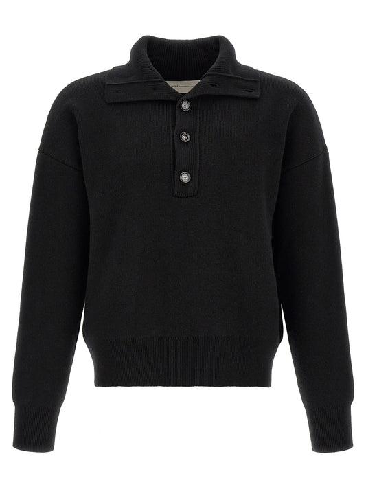 Cardigan by Ami Paris for men in wool black showcases a luxurious silhouette, meticulously detailed with a sophisticated high-neck neckline and for a refined finish.