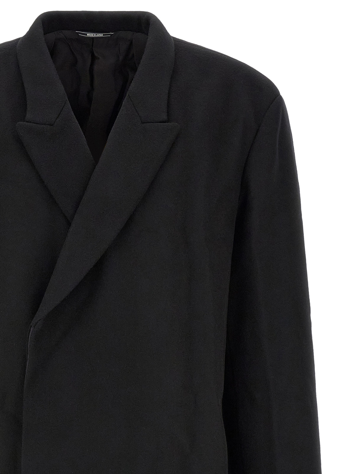 Overcoat by Kiko Kostadinov for men in satin wool black showcases a enveloping silhouette, detailed with distinctive and a enveloping .
