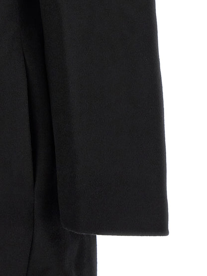 Overcoat by Kiko Kostadinov for men in satin wool black presents a luxurious silhouette, showcasing a luxurious and sophisticated for a premium, luxurious look.