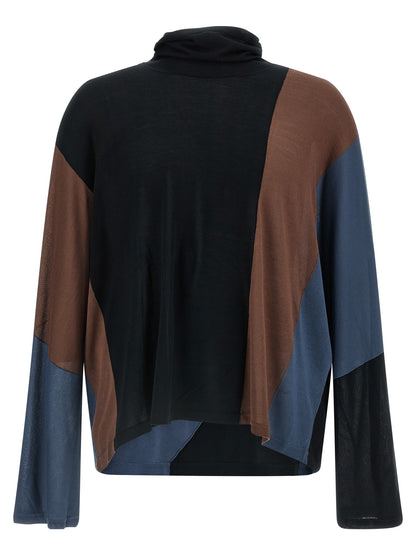 Cardigan by Kiko Kostadinov for men in lyocell & silk black, blue, brown & multicolor features a nuanced silhouette with a refined high-neck neckline and nuanced detailing for a sophisticated look.