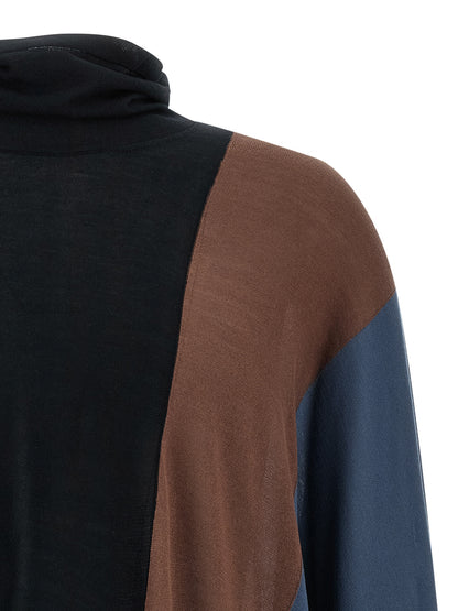 Cardigan by Kiko Kostadinov for men in lyocell & silk black, blue, brown & multicolor features a dramatic silhouette, showcasing a sophisticated high-neck neckline and dramatic detail for a timeless, premium look.