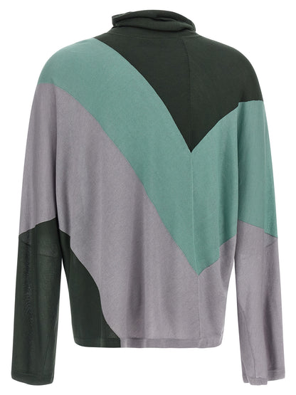 Cardigan by Kiko Kostadinov for men in lyocell & silk multicolor, patterned & chevron features an crisp silhouette, showcasing a sophisticated turtle neckline and detail for a truly crisp finish.