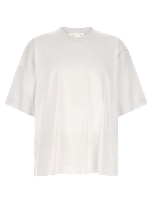 T-Shirt by Dries Van Noten for men in cotton white showcases a unassuming silhouette, artfully detailed with a refined crew neckline and unassuming for a sophisticated, contemporary look.