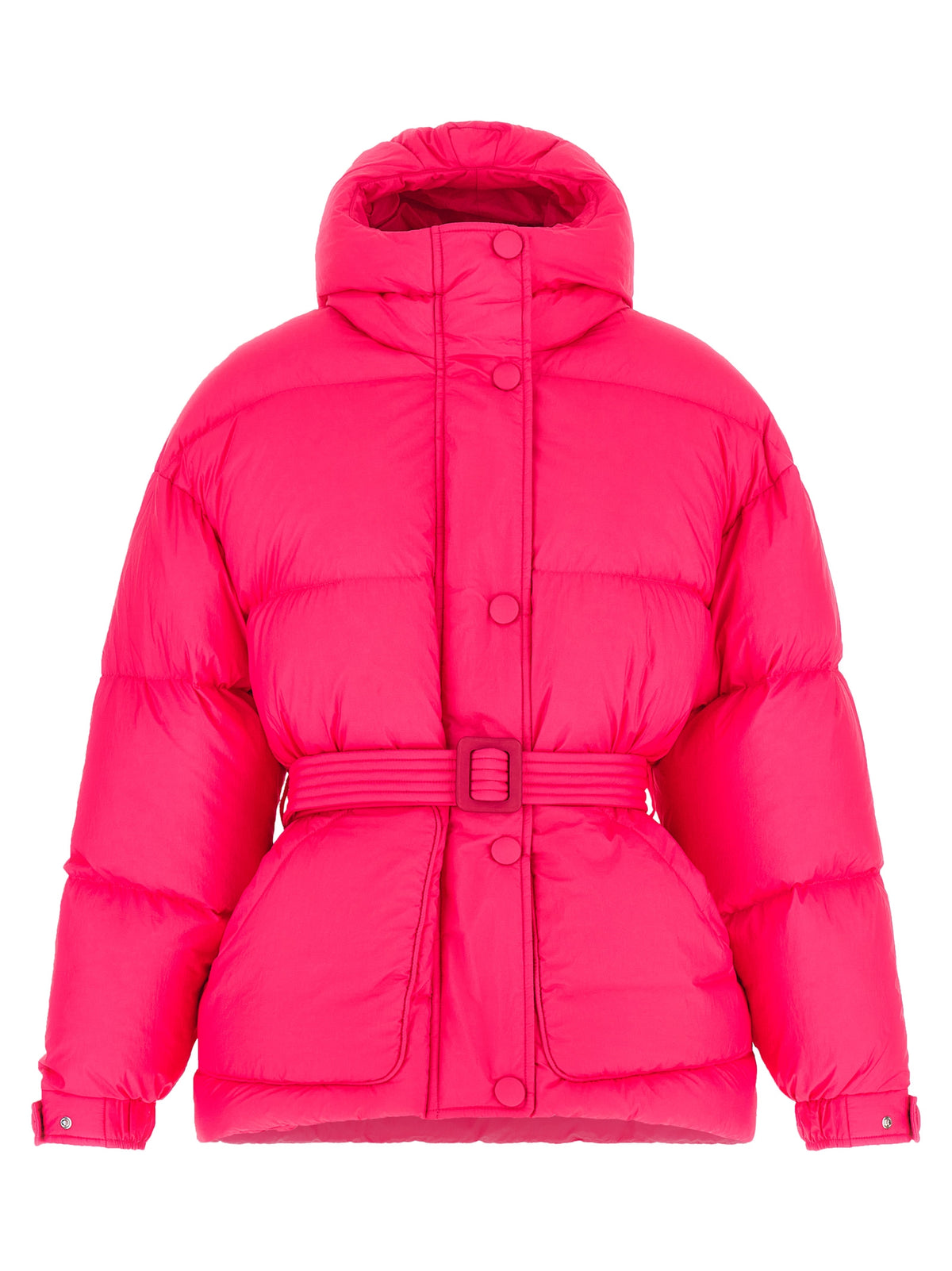 This Hooded Puffer Jacket by IENKI IENKI for women in nylon fabric fuchsia exhibits a edgy silhouette, meticulously detailed with functional windproof, pockets, hooded & insulated and a edgy hooded neckline for a edgy finish.