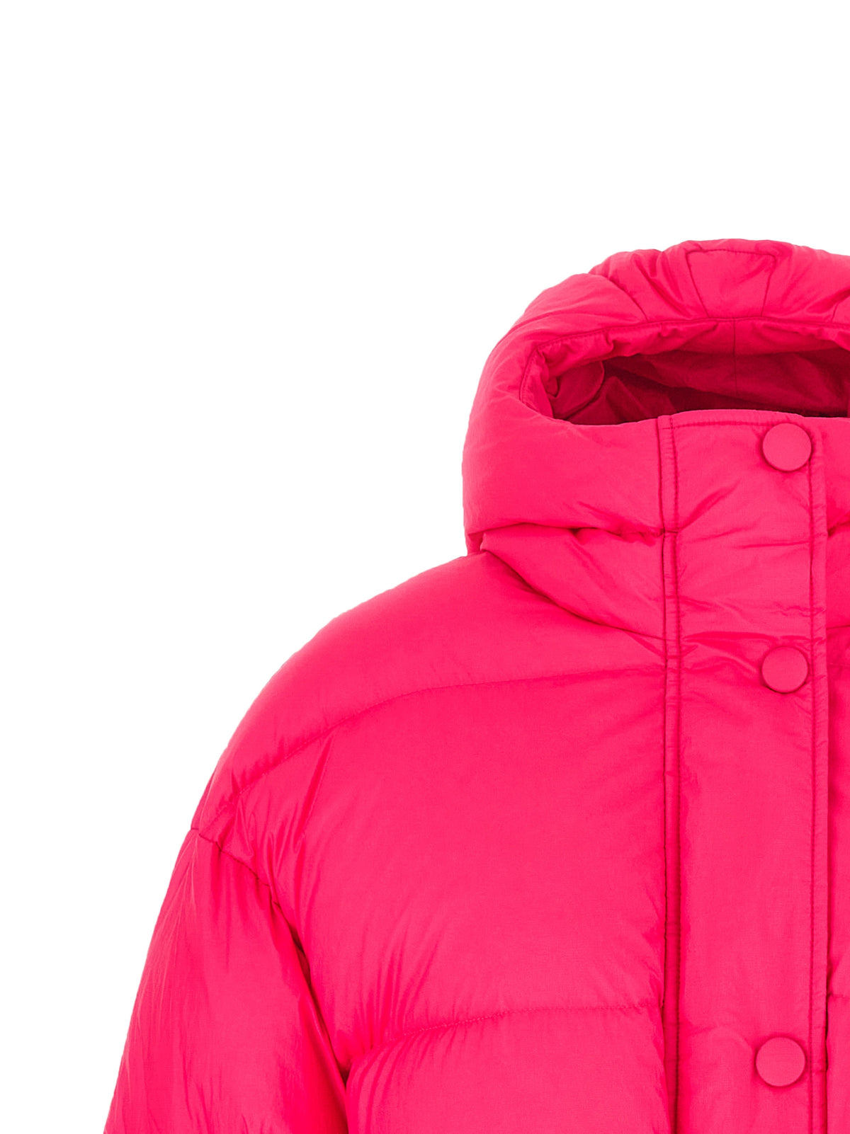 Hooded Puffer Jacket by IENKI IENKI for women in nylon fabric fuchsia features a dramatic silhouette, showcasing a sophisticated hooded neckline and distinctive windproof, pockets, hooded & insulated for a dramatic aesthetic.