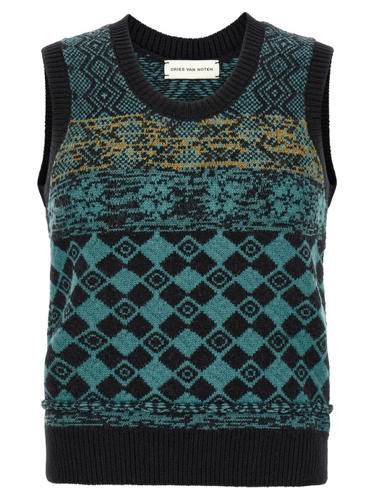 Cardigan by Dries Van Noten for men in wool black, green, multicolor, teal, patterned & jacquard showcases a luxurious silhouette, meticulously detailed with a sophisticated and sleeveless for a refined finish.