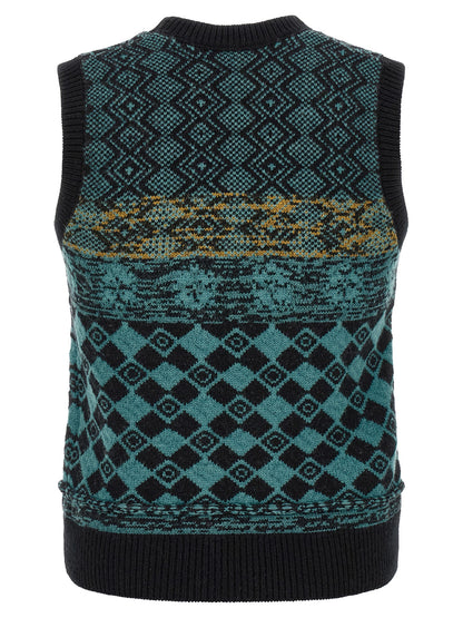 Dries Van Noten Men's Wool Cardigan - Black Green Multicolor Teal Patterned Jacquard