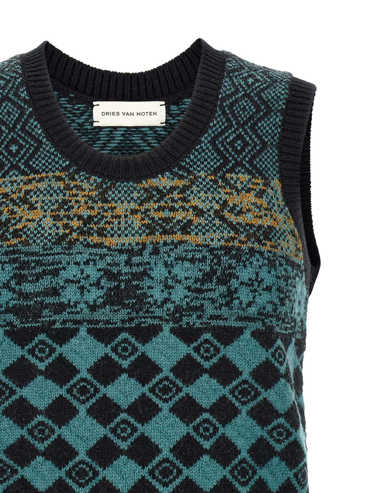 Dries Van Noten Men's Wool Cardigan - Black Green Multicolor Teal Patterned Jacquard