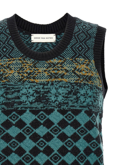 Dries Van Noten Men's Wool Cardigan - Black Green Multicolor Teal Patterned Jacquard
