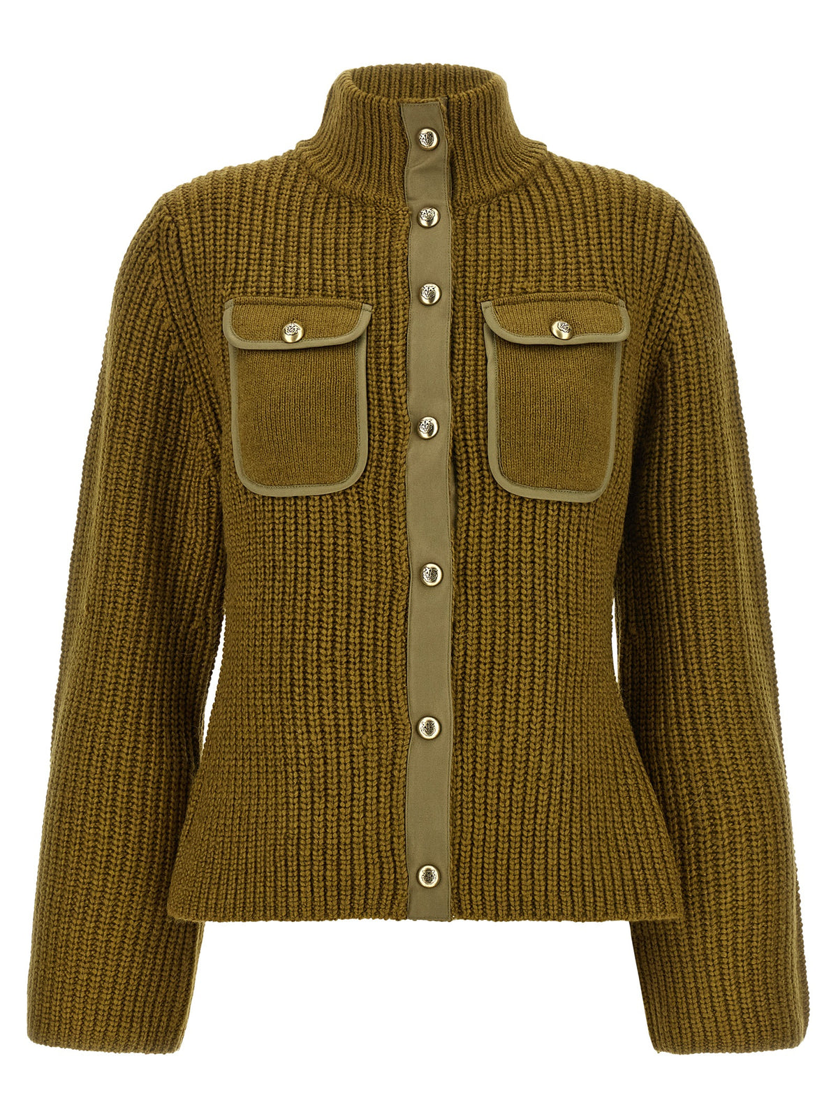 Cardigan by PINKO for women in wool & polyester bicolour, green, olive & jacquard features an impeccable silhouette, showcasing a sophisticated high-neck neckline and detail for a truly impeccable finish.