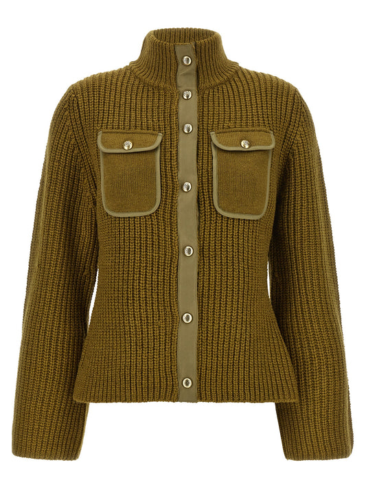Cardigan by PINKO for women in wool & polyester bicolour, green, olive & jacquard features an impeccable silhouette, showcasing a sophisticated high-neck neckline and detail for a truly impeccable finish.