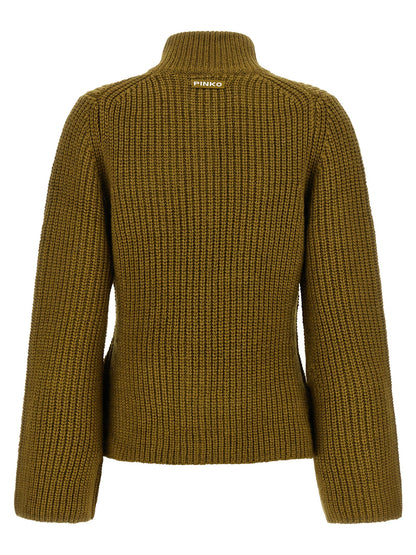 Cardigan by PINKO for women in wool & polyester bicolour, green, olive & jacquard features a nuanced silhouette with a refined high-neck neckline and nuanced detailing for a sophisticated look.