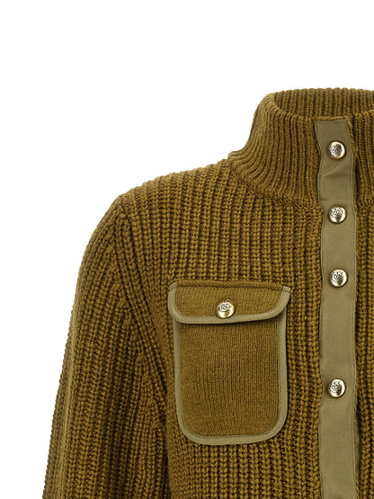 Cardigan by PINKO for women in wool & polyester bicolour, green, olive & jacquard features an crisp silhouette, showcasing a sophisticated high-neck neckline and detail for a truly crisp finish.