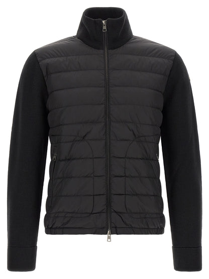 Cardigan by Moncler for men in virgin wool & polyamide black features a nuanced silhouette with a refined high-neck neckline and nuanced detailing for a sophisticated look.