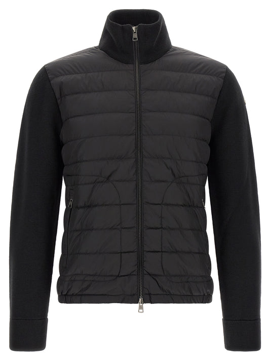 Cardigan by Moncler for men in virgin wool & polyamide black features a nuanced silhouette with a refined high-neck neckline and nuanced detailing for a sophisticated look.