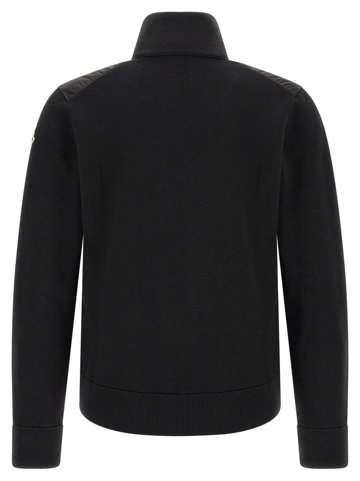 Cardigan by Moncler for men in virgin wool & polyamide black features a dramatic silhouette, showcasing a sophisticated high-neck neckline and dramatic detail for a timeless, premium look.