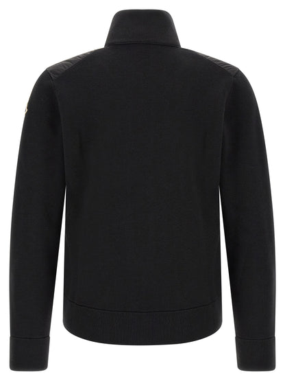 Cardigan by Moncler for men in virgin wool & polyamide black features a dramatic silhouette, showcasing a sophisticated high-neck neckline and dramatic detail for a timeless, premium look.