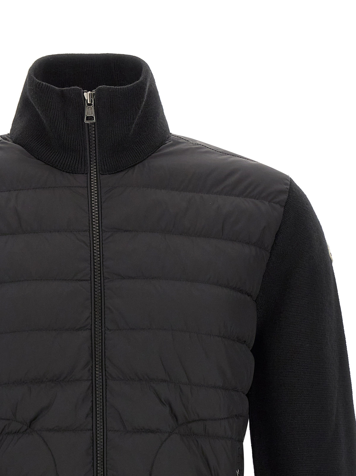 Cardigan by Moncler for men in virgin wool & polyamide black features a nuanced silhouette with a refined high-neck neckline and nuanced detailing for a sophisticated look.