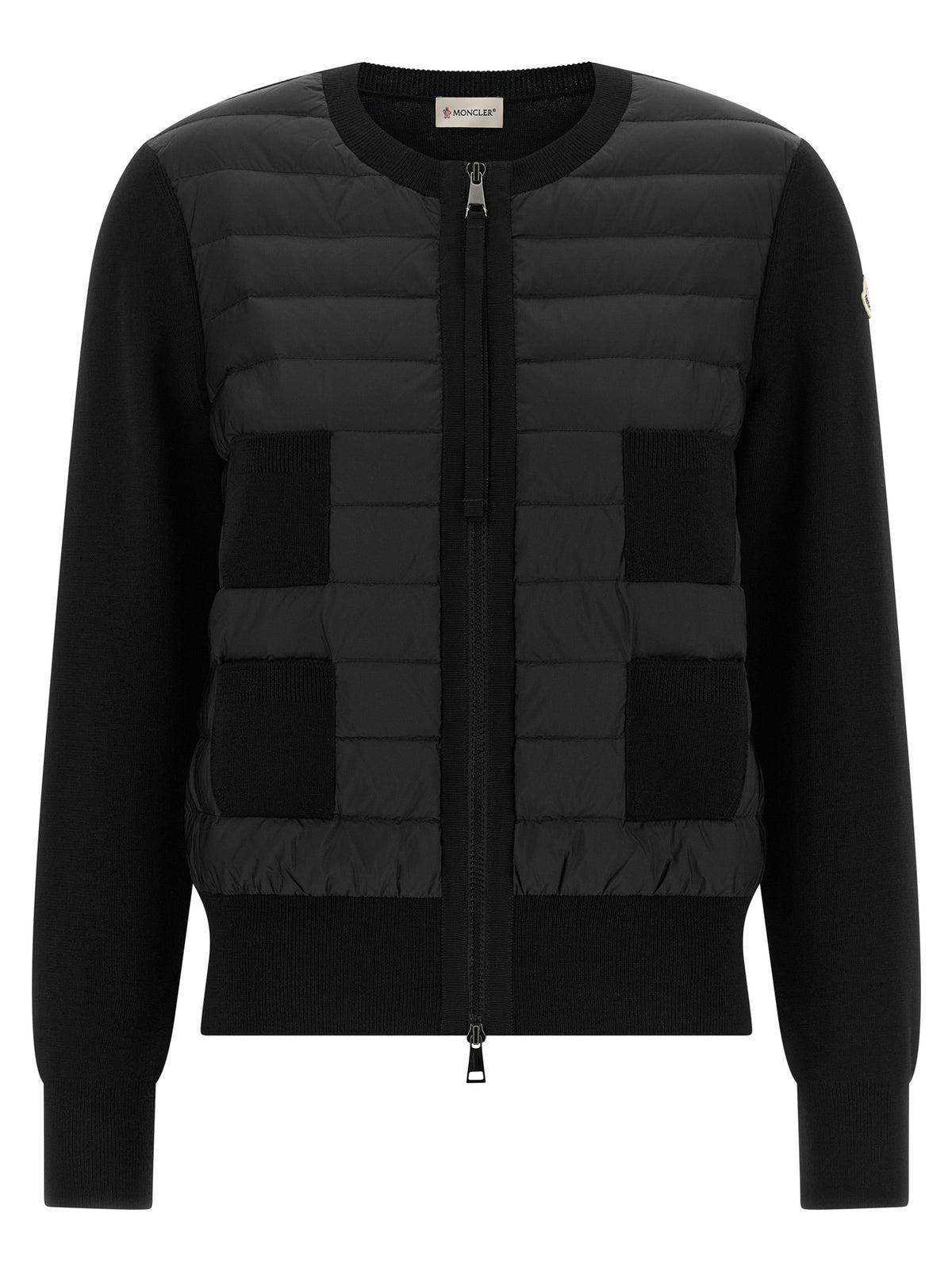 Cardigan by Moncler for women in felt polyamide & merino wool black & signature showcases a luxurious silhouette, meticulously detailed with a sophisticated and for a refined finish.