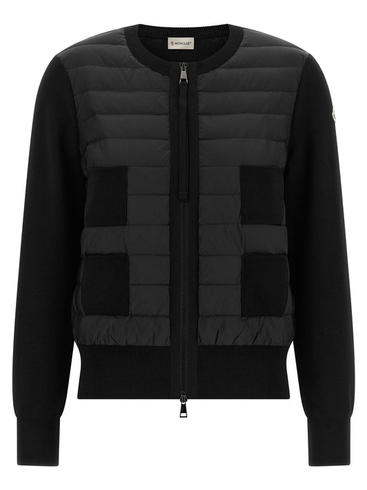 Cardigan by Moncler for women in felt polyamide & merino wool black & signature showcases a luxurious silhouette, meticulously detailed with a sophisticated and for a refined finish.