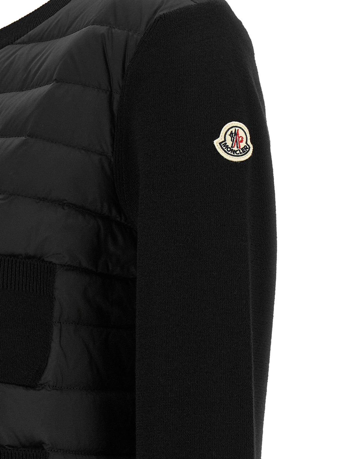 Cardigan by Moncler for women in felt polyamide & merino wool black & signature presents a textural silhouette, artfully finished with a textural and for a sophisticated, textural look.