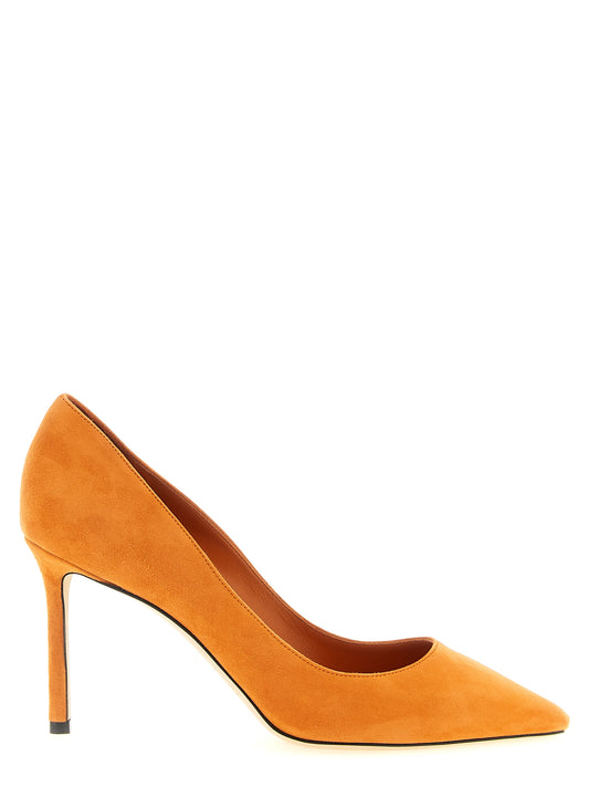 High-Heel Stiletto Pumps Heels by Jimmy Choo for women in polyester suede leather & silk orange features a effortless chic silhouette, showcasing the Romy Women's Polyester Suede Leather & Silk High-Heel Stiletto Pumps Heels design with a effortless chic stiletto high-heel and for a effortless chic finish.