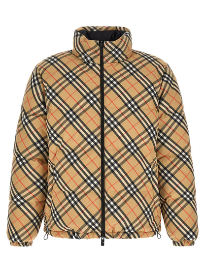 Hooded Puffer Jacket by Burberry for men in nylon & polyester beige & print features a dramatic silhouette, showcasing a sophisticated hooded high-neck neckline and distinctive hooded, insulated & windproof for a dramatic aesthetic.
