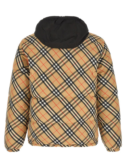 Hooded Puffer Jacket by Burberry for men in nylon & polyester beige & print features a city-ready silhouette, detailed with hooded, insulated & windproof and a city-ready hooded high-neck neckline.
