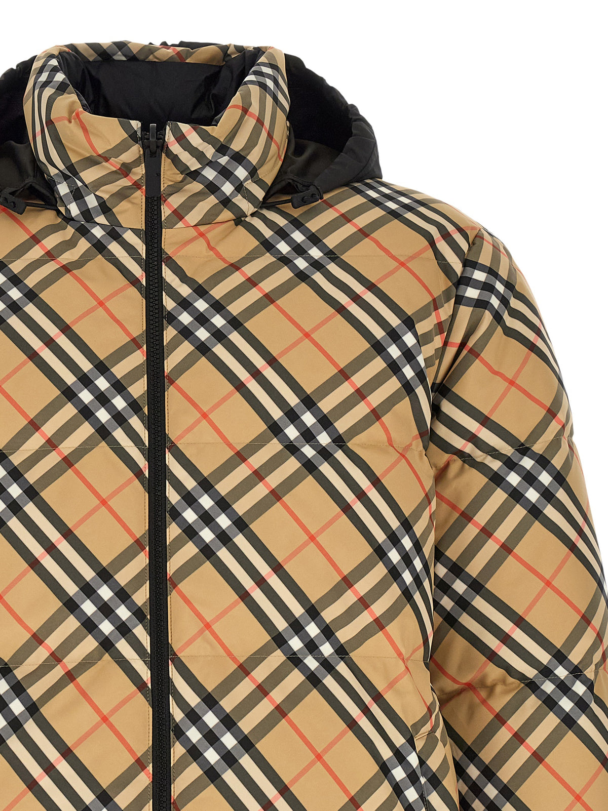 Hooded Puffer Jacket by Burberry for men in nylon & polyester beige & print features an contemporary silhouette, showcasing a sophisticated hooded high-neck neckline and contemporary hooded, insulated & windproof for a truly refined look.