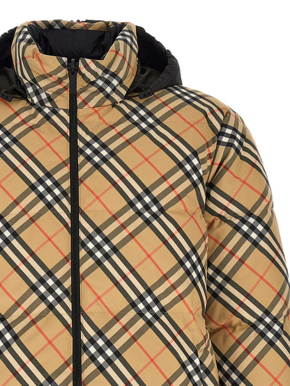 Hooded Puffer Jacket by Burberry for men in nylon & polyester beige & print features an contemporary silhouette, showcasing a sophisticated hooded high-neck neckline and contemporary hooded, insulated & windproof for a truly refined look.