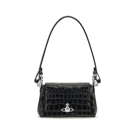 Small Shoulder Flap Handbag by Vivienne Westwood for women in bos taurus crocodile calf leather black & pinstripe features a refined silhouette, showcasing a secure flap & magnetic, organized , and versatile shoulder-strap & handle for a refined finish.