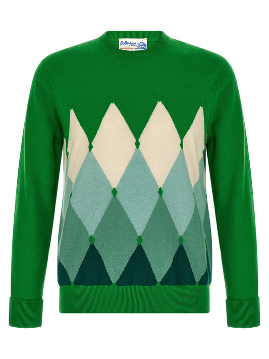 Cardigan by Ballantyne for men in cashmere bicolour, blue, cream, green & patterned features an crisp silhouette, showcasing a sophisticated wrap crew neckline and detail for a truly crisp finish.