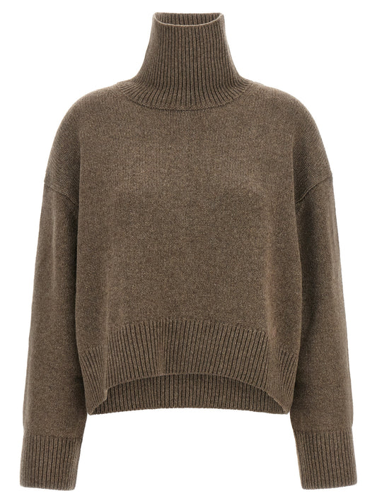 Cardigan by Loulou De Saison for women in cashmere brown showcases a captivating silhouette, artfully detailed with a captivating and turtle high-neck neckline for a truly sophisticated captivating look.