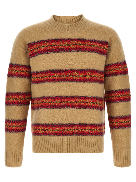 Cardigan by Dries Van Noten for men in polyamide merino & alpaca wool beige & striped features a dramatic silhouette, showcasing a sophisticated crew neckline and dramatic detail for a timeless, premium look.