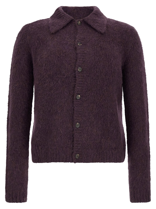 Cardigan by Dries Van Noten for men in polyamide merino & alpaca wool purple features a dramatic silhouette, showcasing a sophisticated square neckline and dramatic detail for a timeless, premium look.