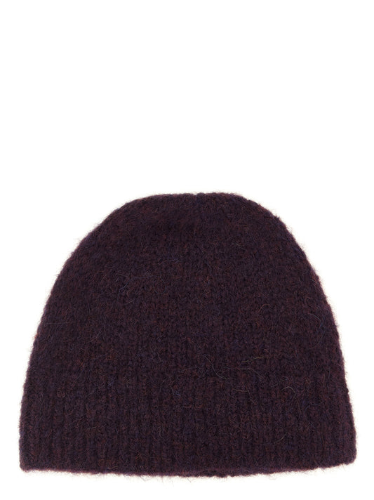 Beanie Hat by Dries Van Noten for men in alpaca wool & polyamide natural & purple features a athleisure-luxe silhouette, artfully capturing the essence of the athleisure-luxe Alpaca Wool & Polyamide Beanie Hat design for a sophisticated look.