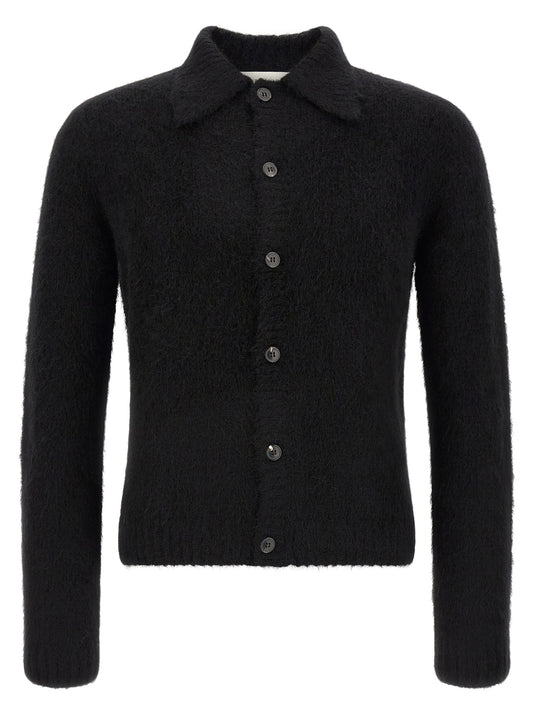 Cardigan by Dries Van Noten for men in polyamide merino & alpaca wool black presents a textural silhouette, artfully finished with a textural wrap neckline and for a sophisticated, textural look.