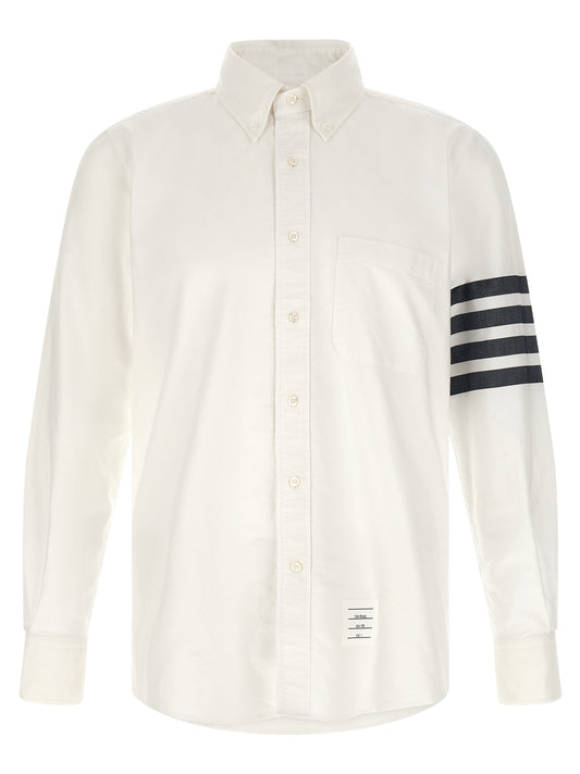 Shirt by Thom Browne for men in cotton white, patterned, signature & striped showcases a sleek silhouette, elegantly detailed with a sleek button-down-collar neckline and for a sleek finish.