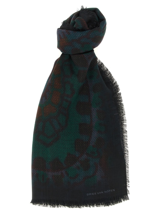 Scarf by Dries Van Noten for men in wool bicolour, burgundy, dark-green, patterned & signature showcases a eye catching silhouette, artfully capturing the essence of the eye catching Wool Foulard Wrap Frayed-Edge Scarf design for a sophisticated look.