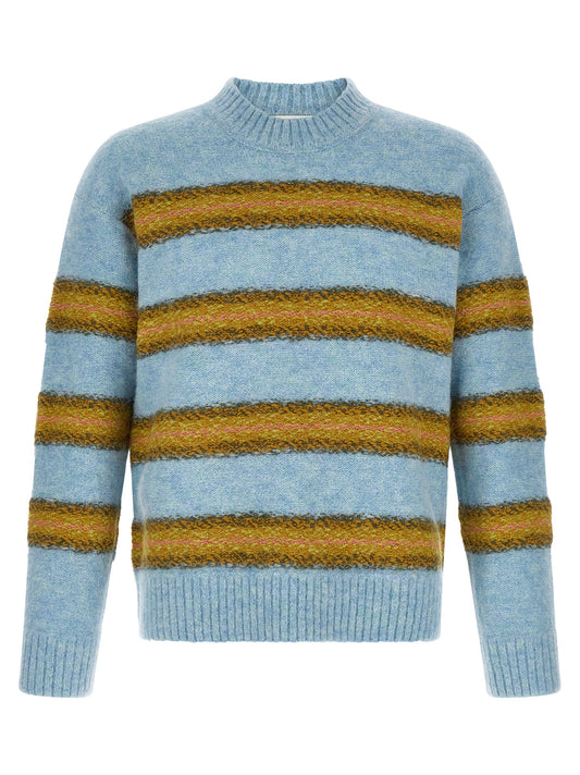 Cardigan by Dries Van Noten for men in alpaca wool & polyamide light-blue, pink & striped features a dramatic silhouette, showcasing a sophisticated and dramatic detail for a timeless, premium look.