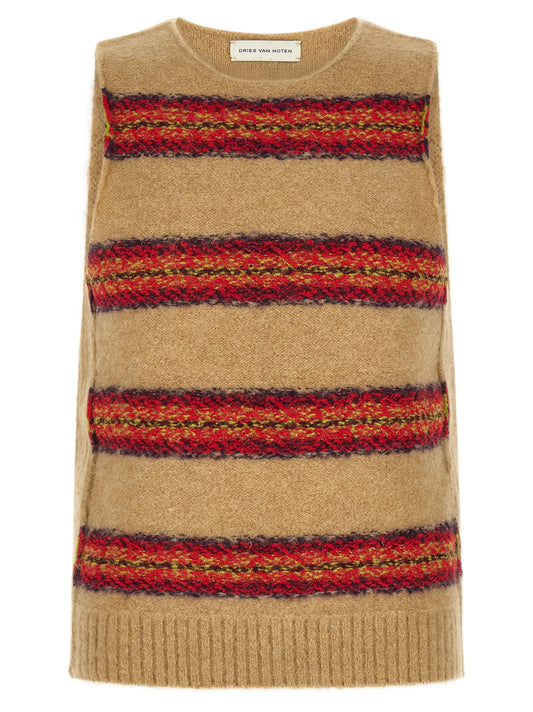 Sweater by Dries Van Noten for men in polyamide merino & alpaca wool beige, camel & striped showcases a discreet silhouette, finished with a discreet crew neckline and sleeveless for a discreet look.