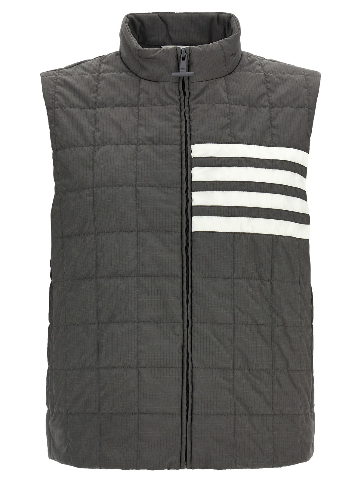Vest by Thom Browne for men in metal polyamide & polyester dark-gray & patterned features a stylish silhouette, showcasing distinct and a refined for a truly stylish finish.