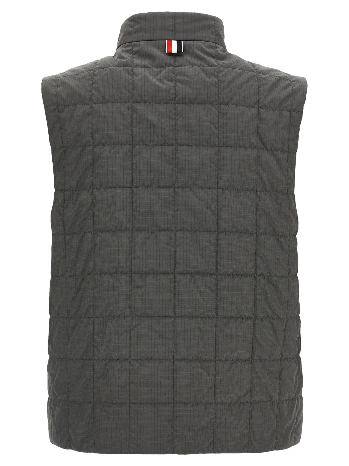 Vest by Thom Browne for men in metal polyamide & polyester dark-gray & patterned showcases a utilitarian silhouette, artfully incorporating and a utilitarian for a truly utilitarian finish.